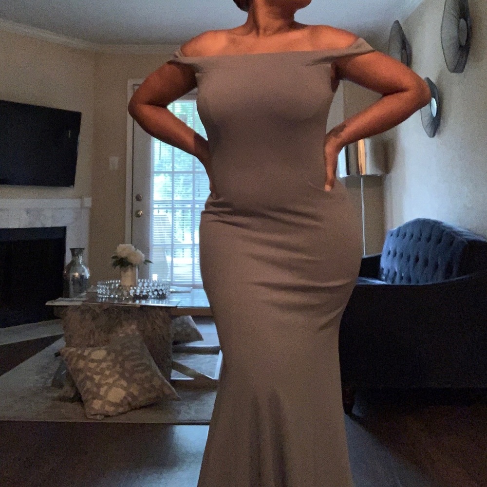 Gray off the shoulder mermaid style dress